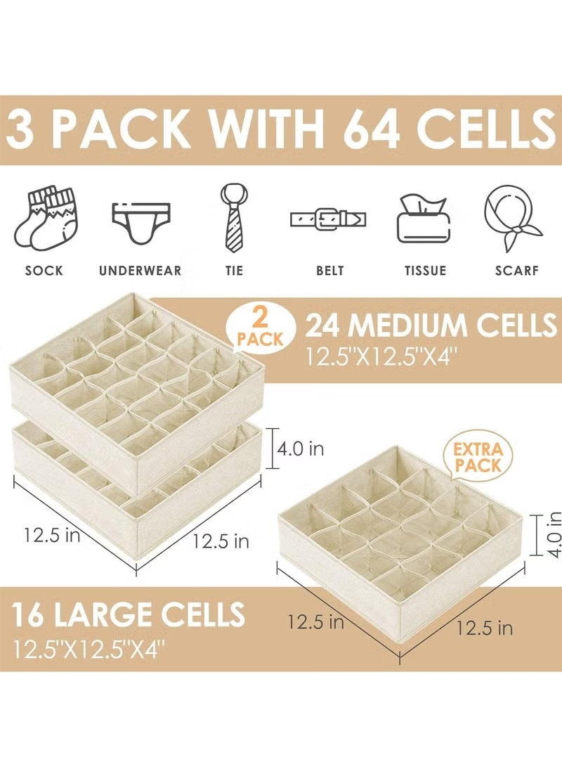 ELASAR 3 Pack Wardrobe Organiser Drawer Organiser, 64 Cell Fabric Foldable Cabinet Dresser Closet Organizers and Storage Boxes for Organizing Socks, Underwear, Ties Belts (16+24+24 Cell Underwear Organizer, Beige) - Image 2